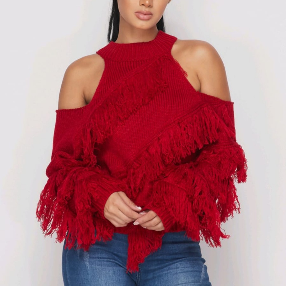 Sexy cold shoulder fringe sweater!